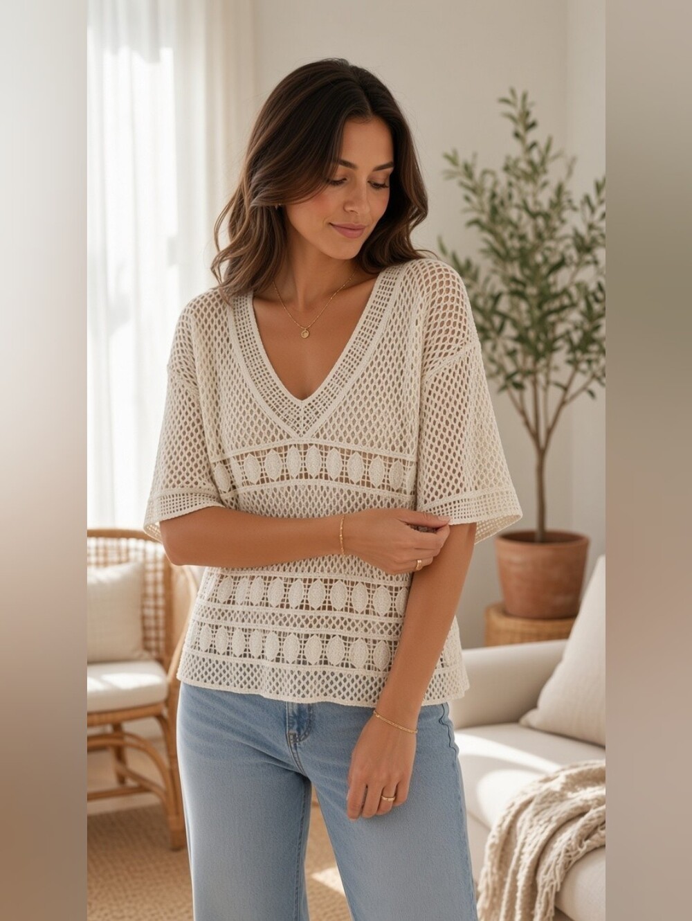 Democracy Cream Boxy Crochet V-Neck Top Sz S